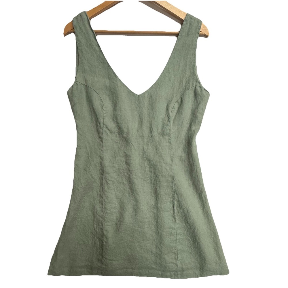 Industria Women's S Dress Made In Italy Linen Sage Green Sleeveless V Neck Mini